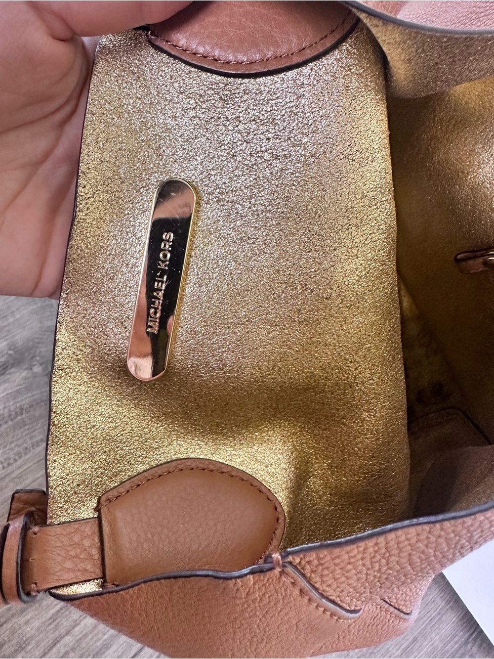 Michael Kors Cognac Pebbled Leather Shoulder Bag with MK Charm - Picture 5 of 6